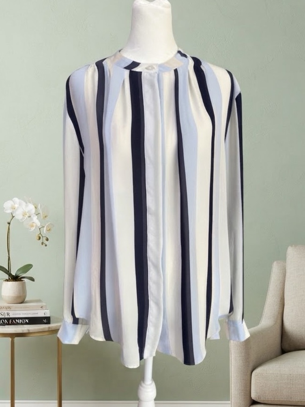 Ann Taylor Vertical Striped Long-Sleeve Blouse in White, Navy and Pale Blue